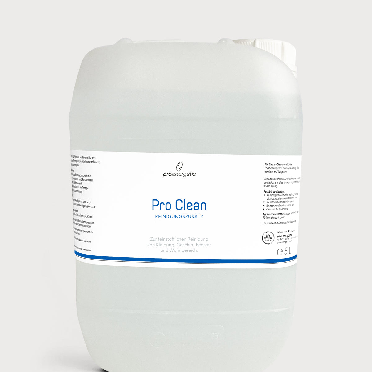 Pro Clean Reinigungszusatz in großem transparenten 5-Liter-Kunststoffkanister mit weißem Etikett und blauem Schriftzug auf hellem Hintergrund