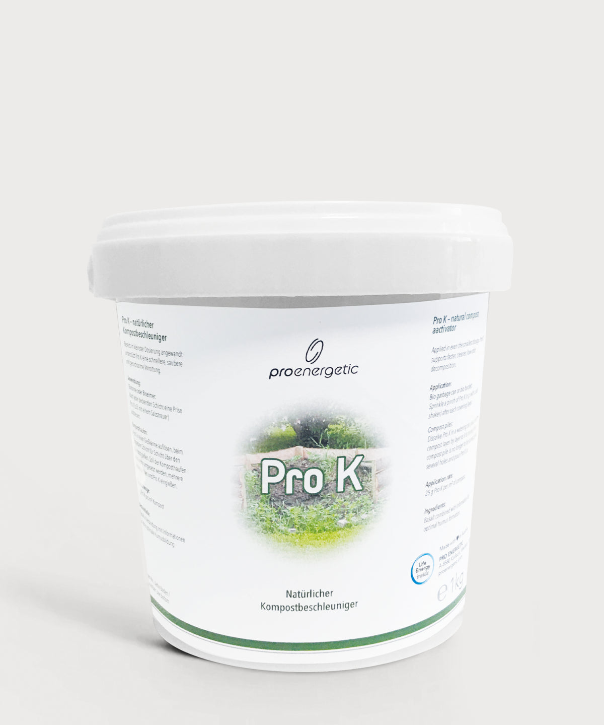 Weißer Kunststoffbehälter Pro K von ProEnergetic mit Schraubdeckel und Etikett mit grüner Pflanzenabbildung und Produktbezeichnung