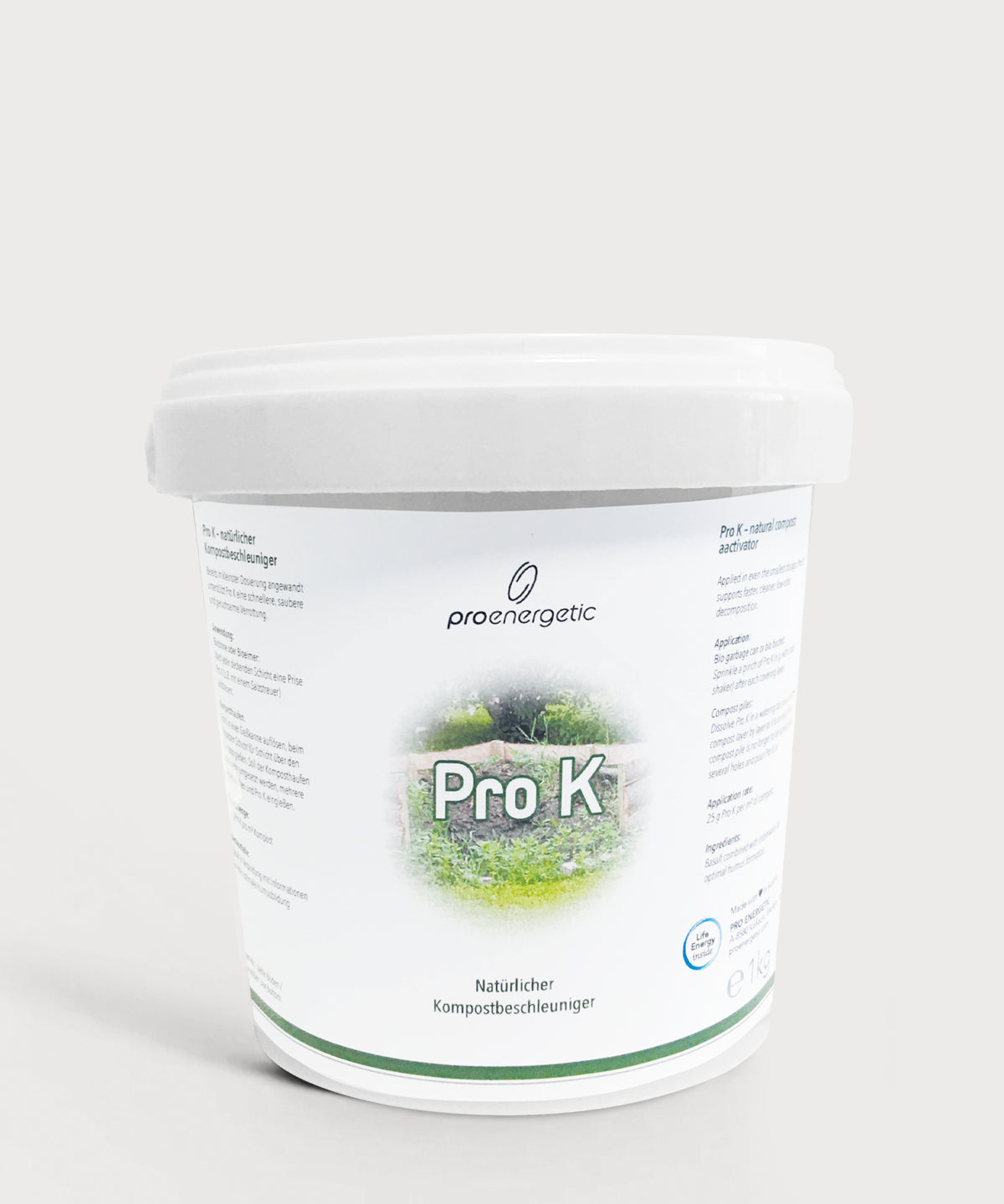 Weißer Kunststoffbehälter Pro K von ProEnergetic mit Schraubdeckel und Etikett mit grüner Pflanzenabbildung und Produktbezeichnung