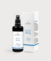 Schwarze Glasflasche R & S Spray von ProEnergetic neben weißer Produktverpackung mit blauem Wolkensymbol.