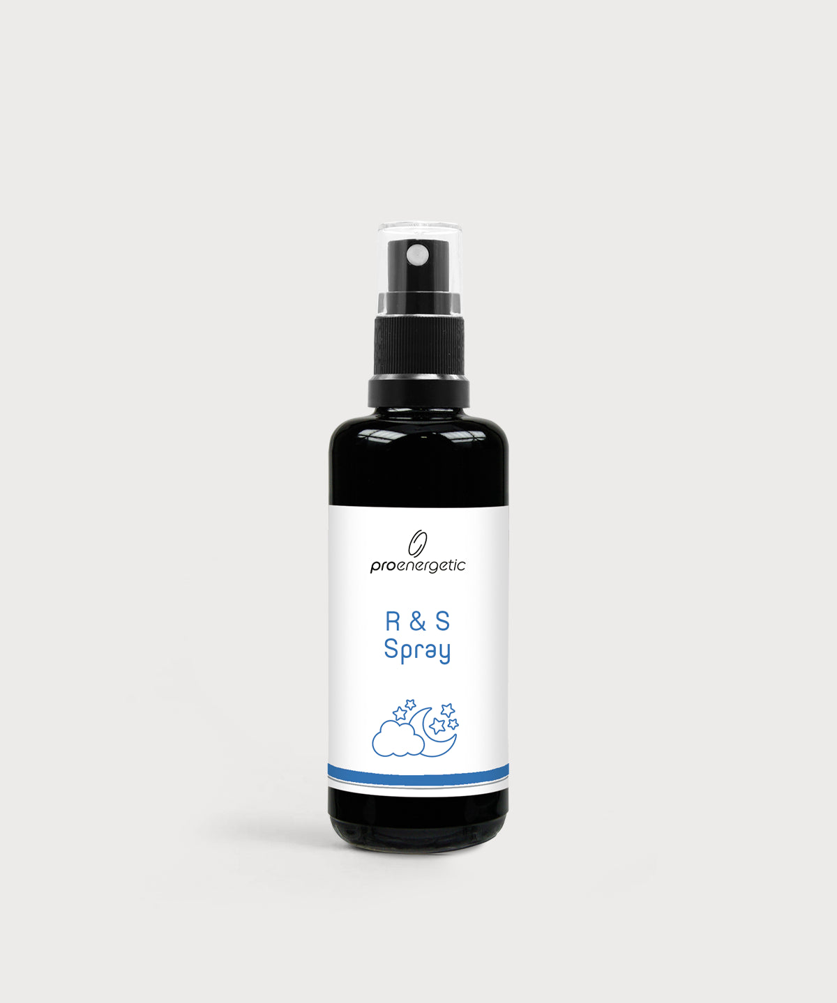 Schwarze Glasflasche R & S Spray von ProEnergetic mit Pumpsprühkopf und weißem Etikett mit blauem Wolkensymbol.
