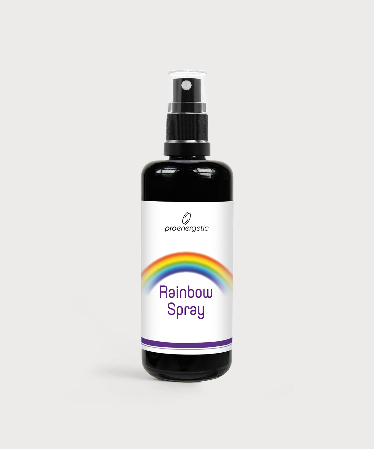 Rainbow Spray in schwarzer Sprühflasche mit weißem Etikett, Regenbogenmotiv und violettem Schriftzug auf hellem Hintergrund