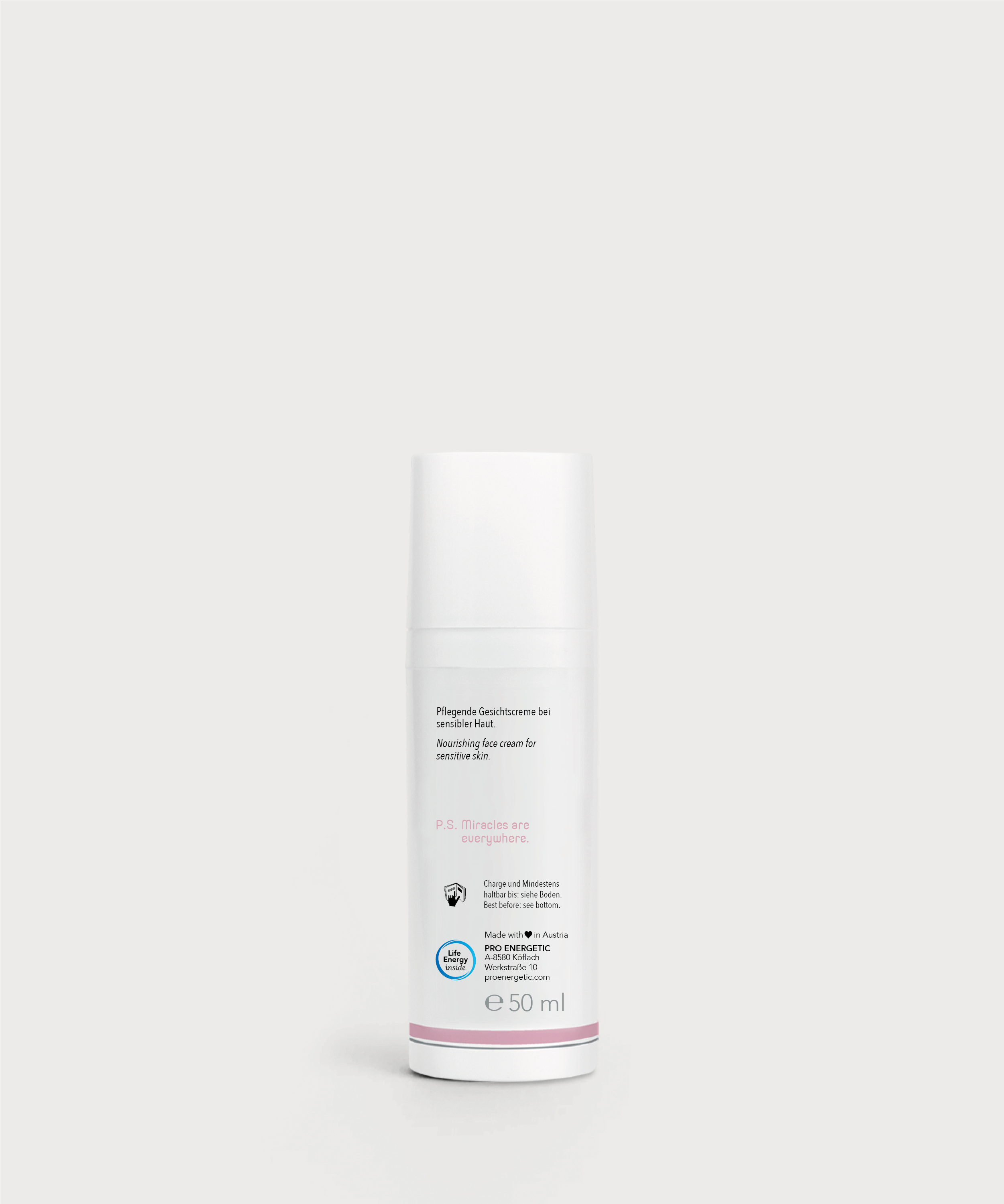 Rückseite der Sensitive Effect Cream Flasche von ProEnergetic mit Produktinformationen und 50 ml Angabe.
