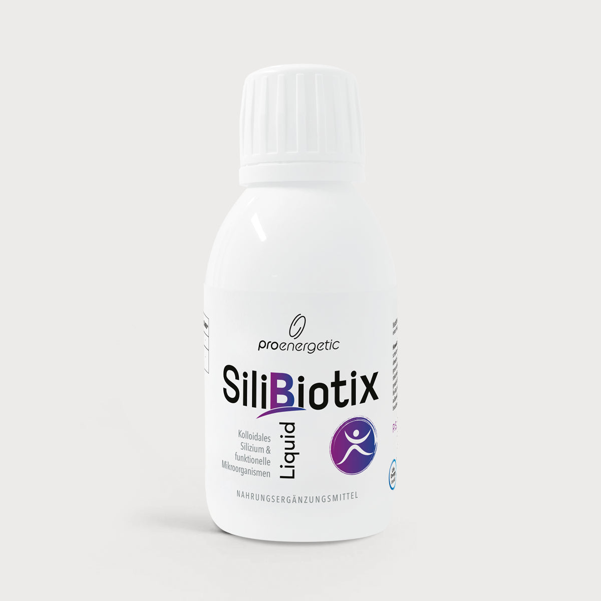 SiliBiotix Liquid von proenergetic: Weiße Flasche mit Schraubverschluss auf hellem Hintergrund. Produktname „Silibiotix“ gut sichtbar auf dem Etikett, Nahrungsergänzungsmittel in flüssiger Form.