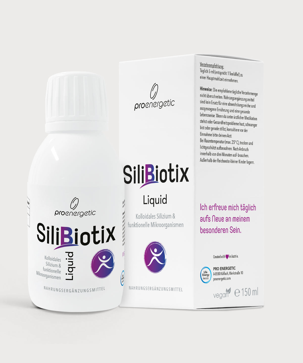 SiliBiotix Liquid von proenergetic – Weiße Flasche mit Schraubverschluss neben Produktverpackung. Aufdruck „SiliBiotix Liquid“, Hinweis auf kolloidales Silicium und funktionelle Mikroorganismen, vegan, 150 ml. Verpackung mit Textakzent „Ich erfreue mich täglich aufs Neue an meinem besonderen Sein.“ auf hellem Hintergrund.