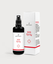 Schwarze Glasflasche SOS Spray von ProEnergetic neben weißer Produktverpackung mit roter Beschriftung und Kreuzsymbol.