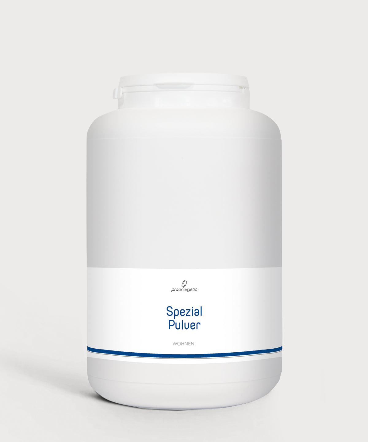 Großer weißer Behälter 2500 g mit ProEnergetic Logo und Aufschrift Spezial Pulver Wohnen. 
