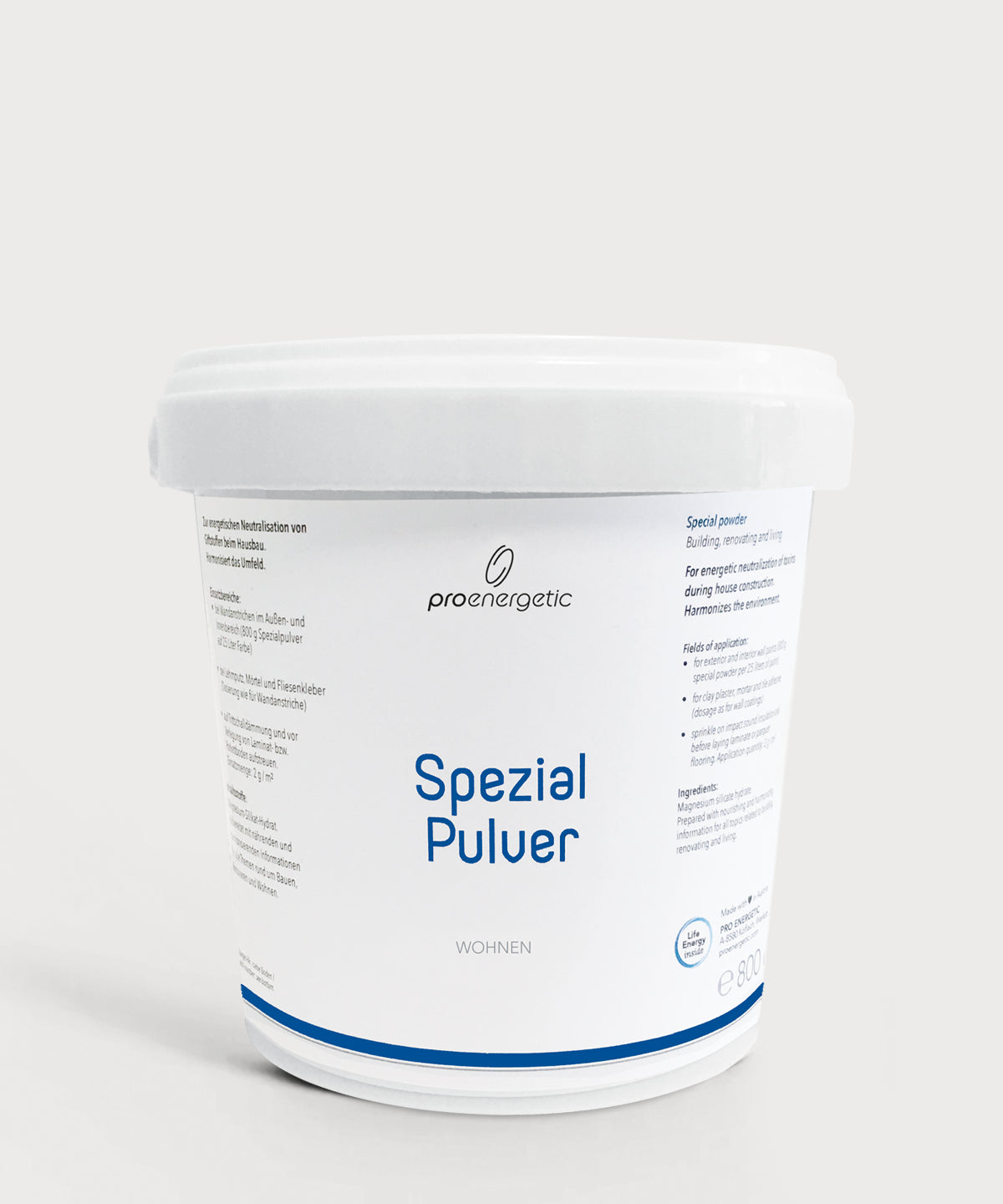 Weißer Kunststoffbehälter 800g mit ProEnergetic Logo und Aufschrift Spezial Pulver Wohnen.