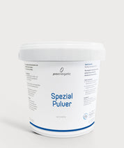Weißer Kunststoffbehälter 800g mit ProEnergetic Logo und Aufschrift Spezial Pulver Wohnen.