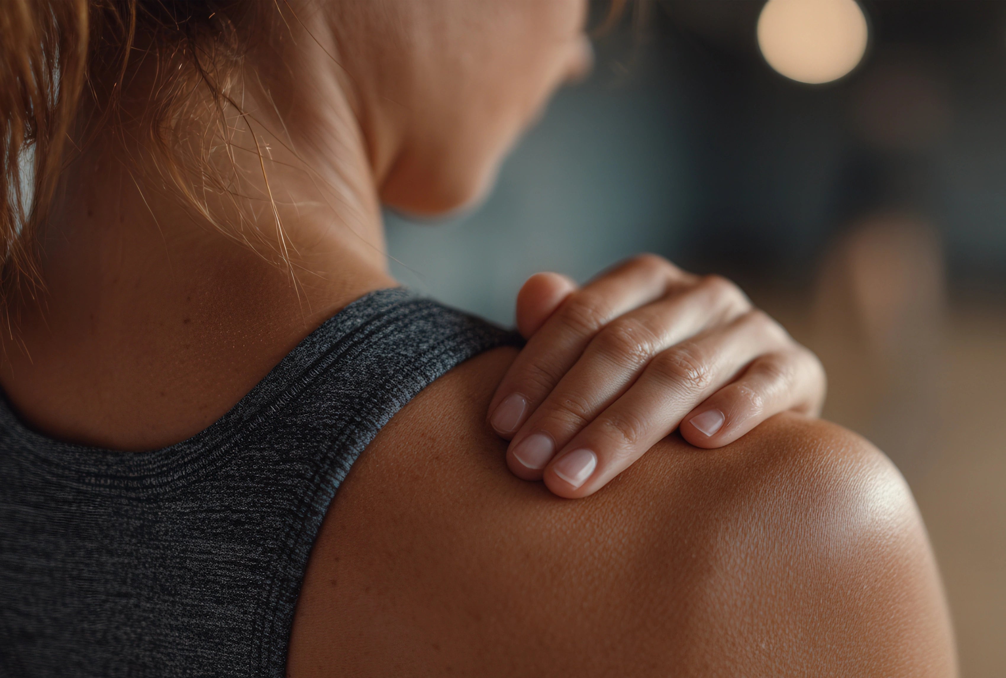 Nahaufnahme einer Person, die sich mit der Hand über die Schulter fasst – Anwendungsszene für Sports Balm zur Pflege und Entspannung der beanspruchten Schulterpartie.
