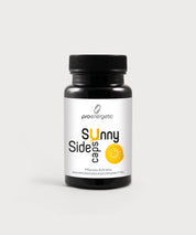 Schwarze Dose Sunny Side Caps von ProEnergetic mit Schraubdeckel und weißem Etikett mit gelbem Sonnensymbol.