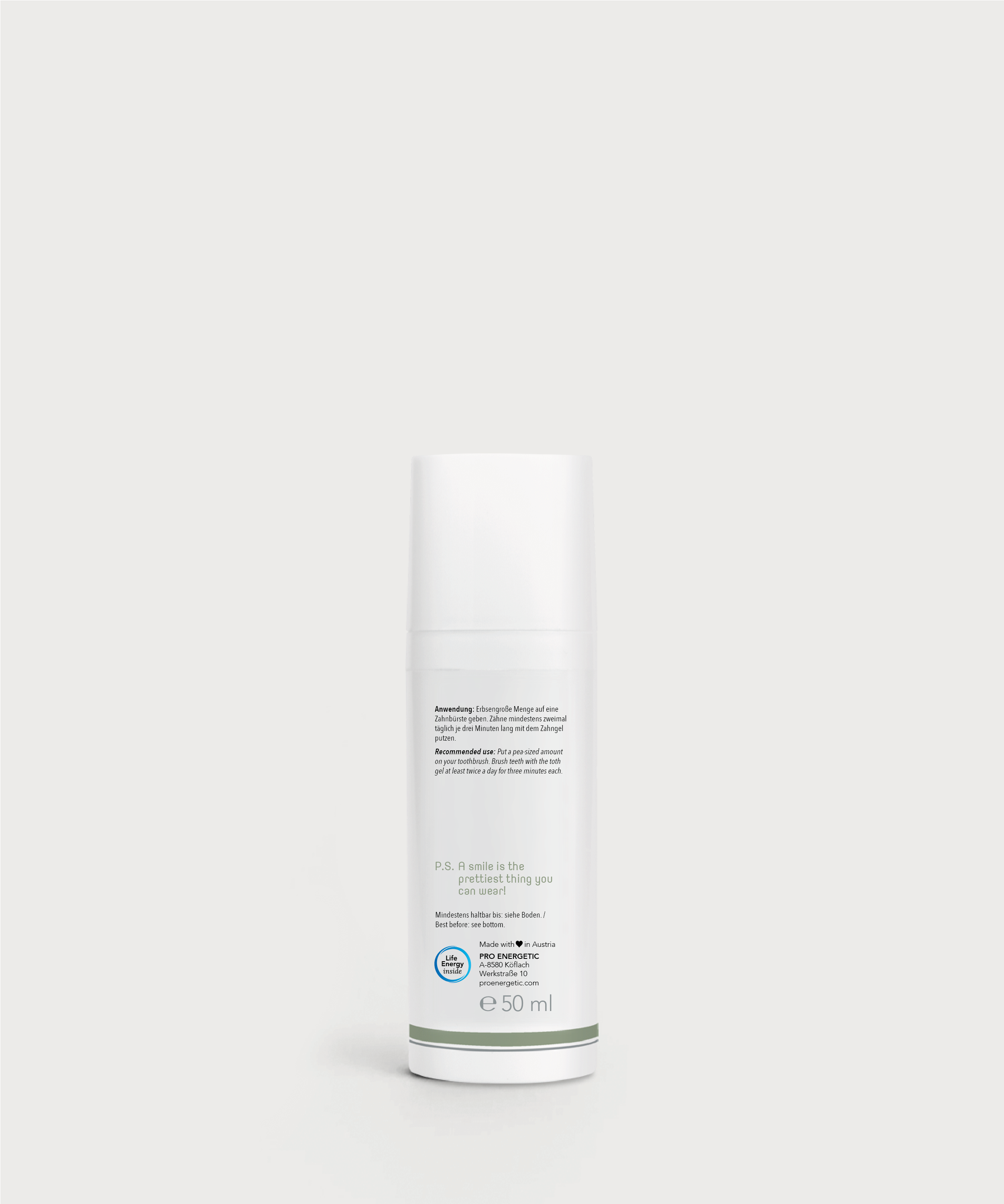 Rückseite des ProEnergetic Tooth Gel Spenders mit Produktinformationen und 50 ml Angabe.