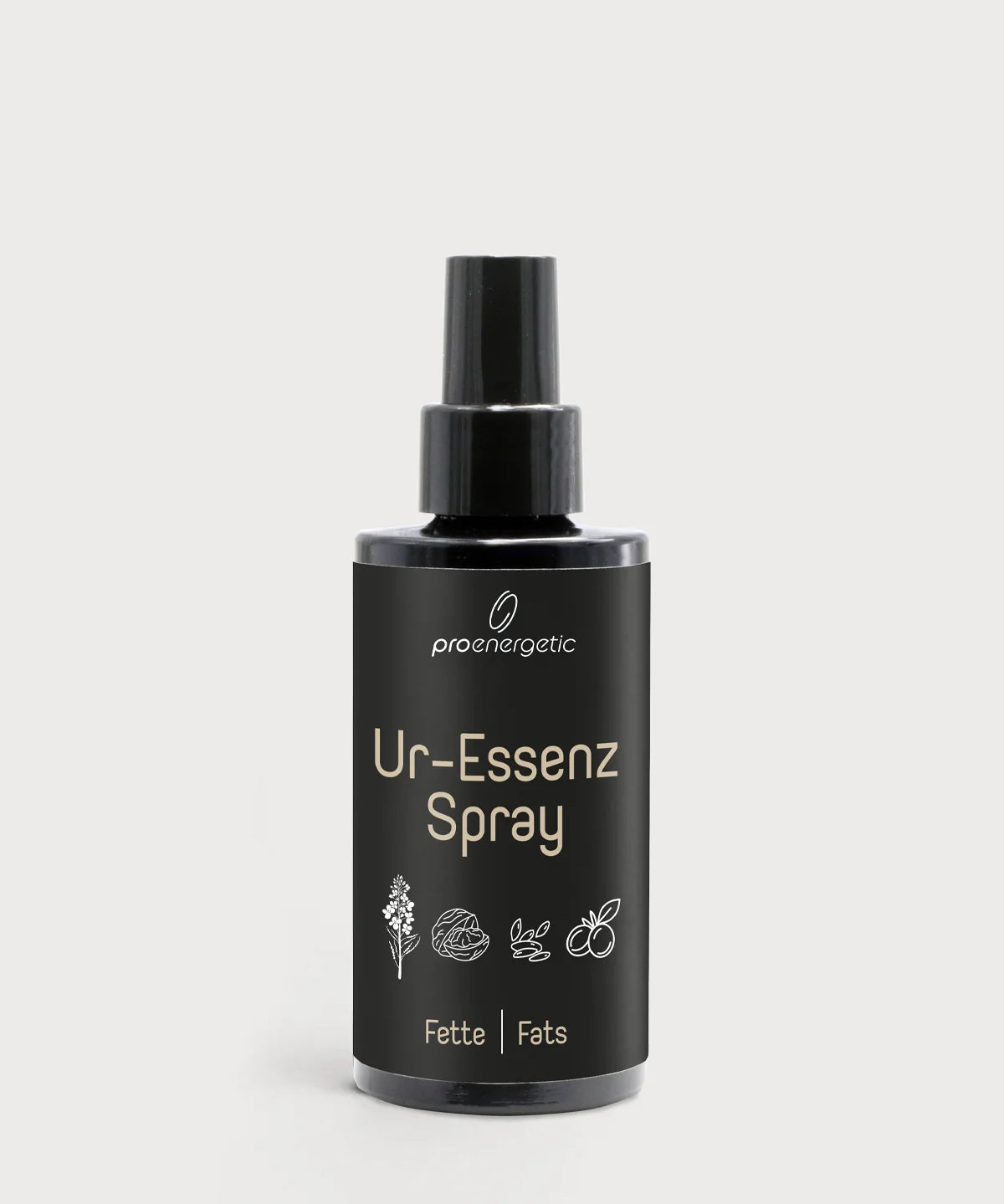 Dunkle Sprühflasche mit schwarzem Etikett und Aufschrift Ur-Essenz Spray Fats.