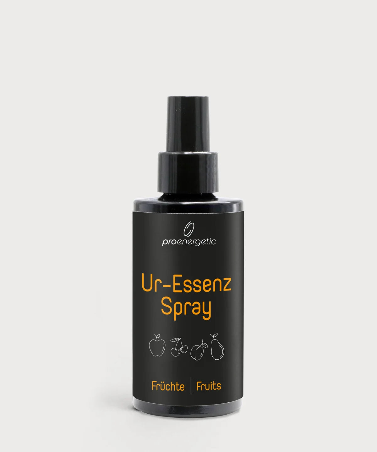 Dunkle Sprühflasche mit schwarzem Etikett und Aufschrift Ur-Essenz Spray Fruits.