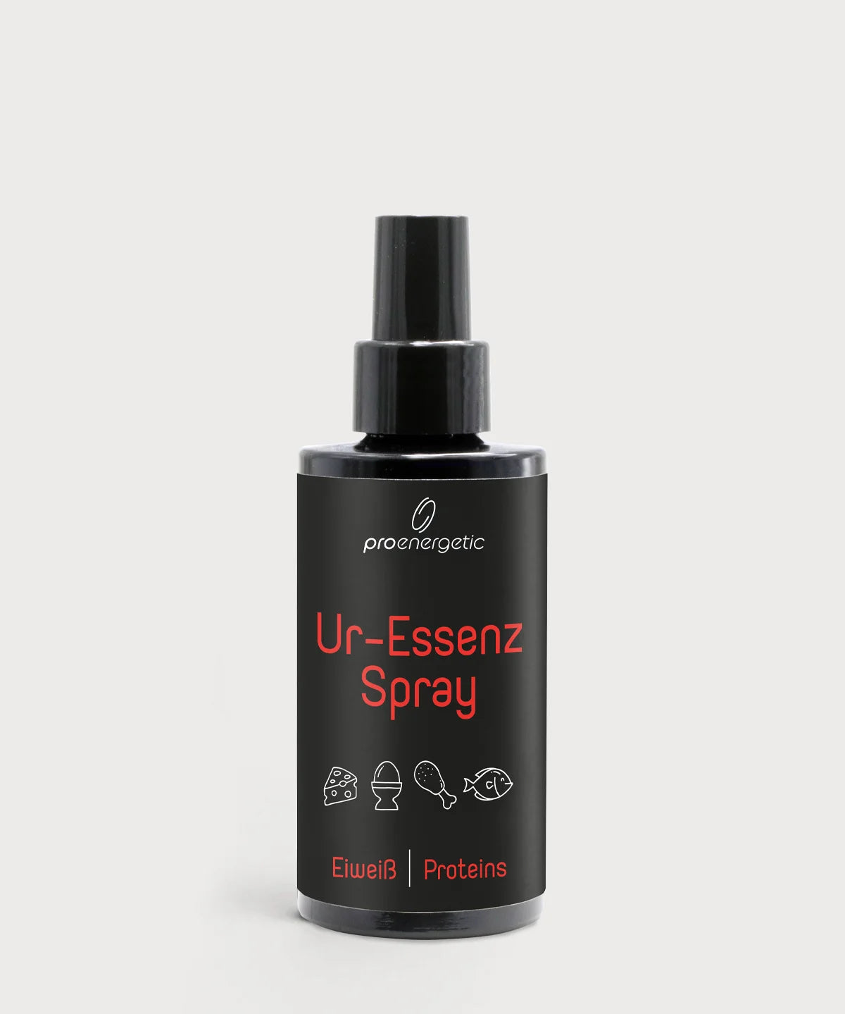 Dunkle Sprühflasche mit schwarzem Etikett und Aufschrift Ur-Essenz Spray Proteins.